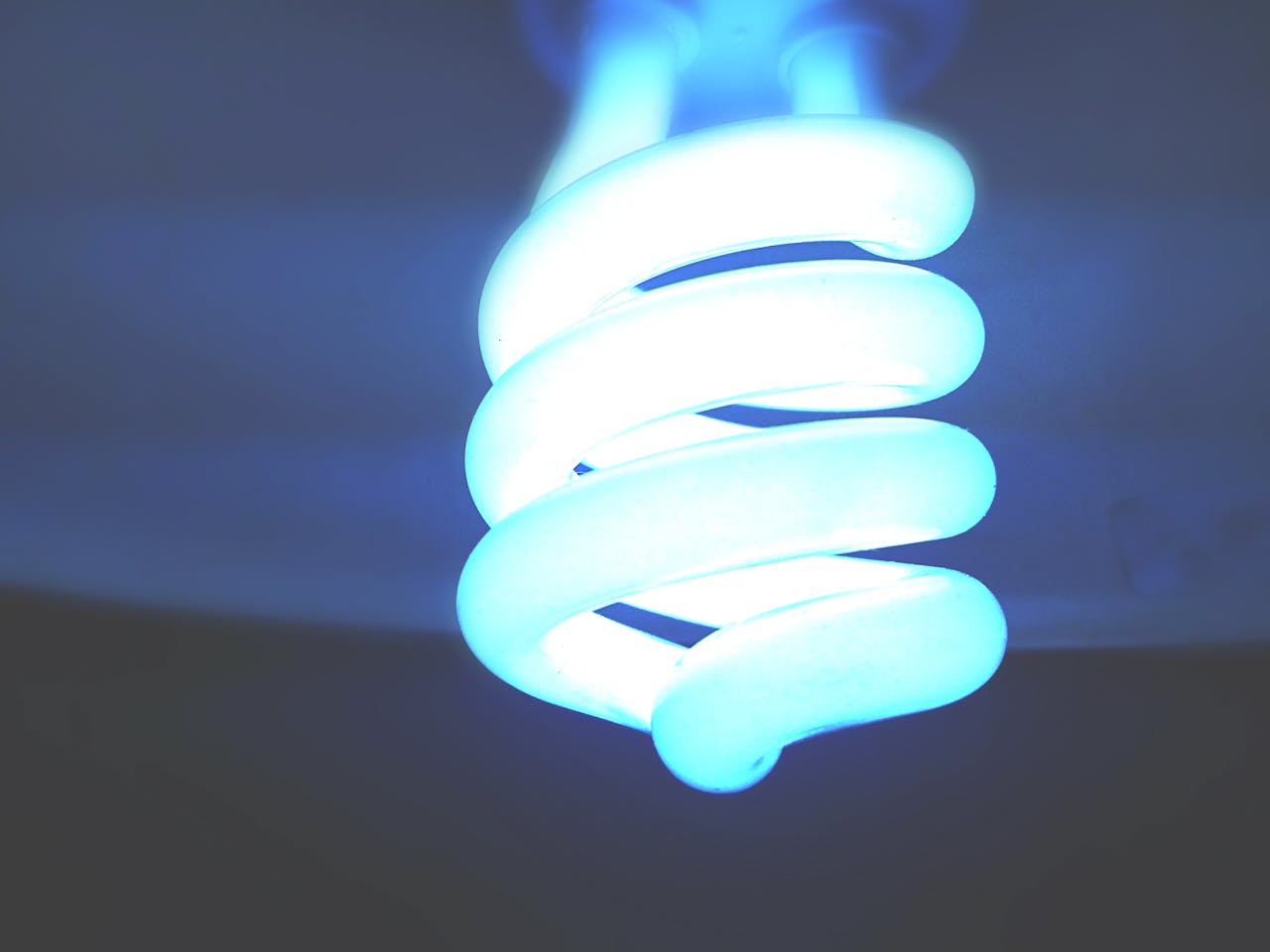 A close-up shot of an illuminated spiral CFL bulb emitting a blue glow, symbolizing energy efficiency.
